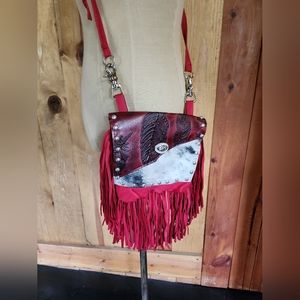 Red leather cowhide fringe crossbody purse